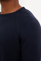 Slim Fit Patterned Cotton Blend Red Crewneck Sweater Navy