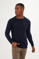 Slim Fit Patterned Cotton Blend Red Crewneck Sweater Navy