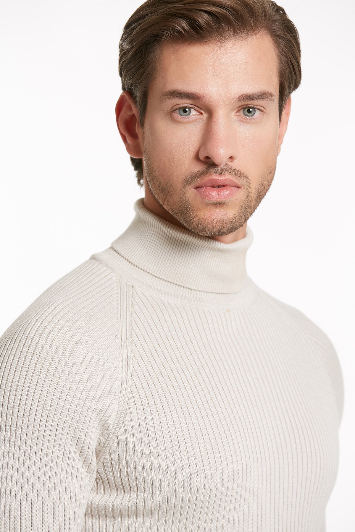 Slim Fit Patterned Gray Turtleneck Sweater Light Gray