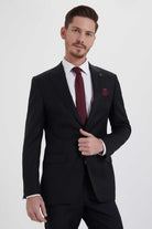 Slim Fit Peak Lapel Black Wool Blend Classic Suit - MIB