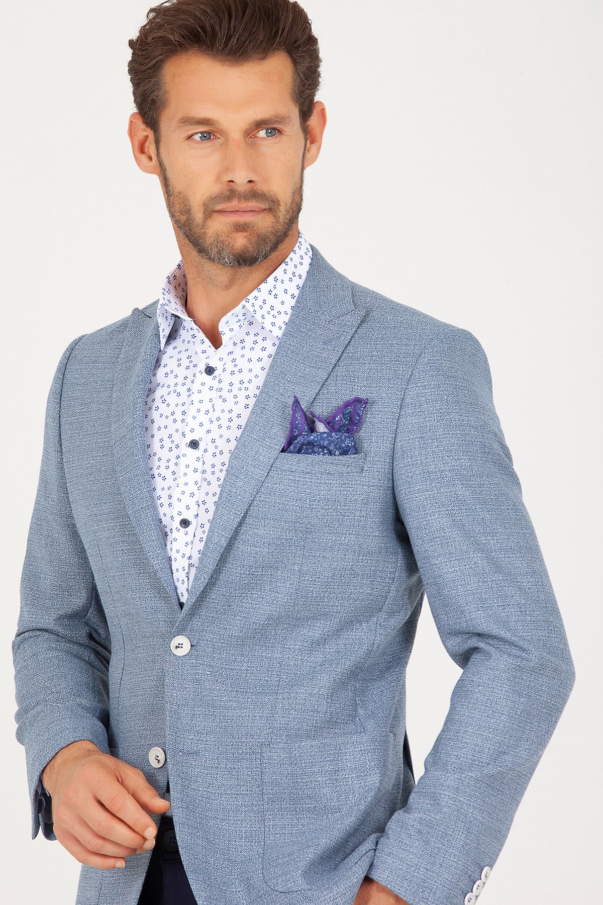 Slim Fit Peak Lapel Patterned Burgundy Casual Blazer Blue