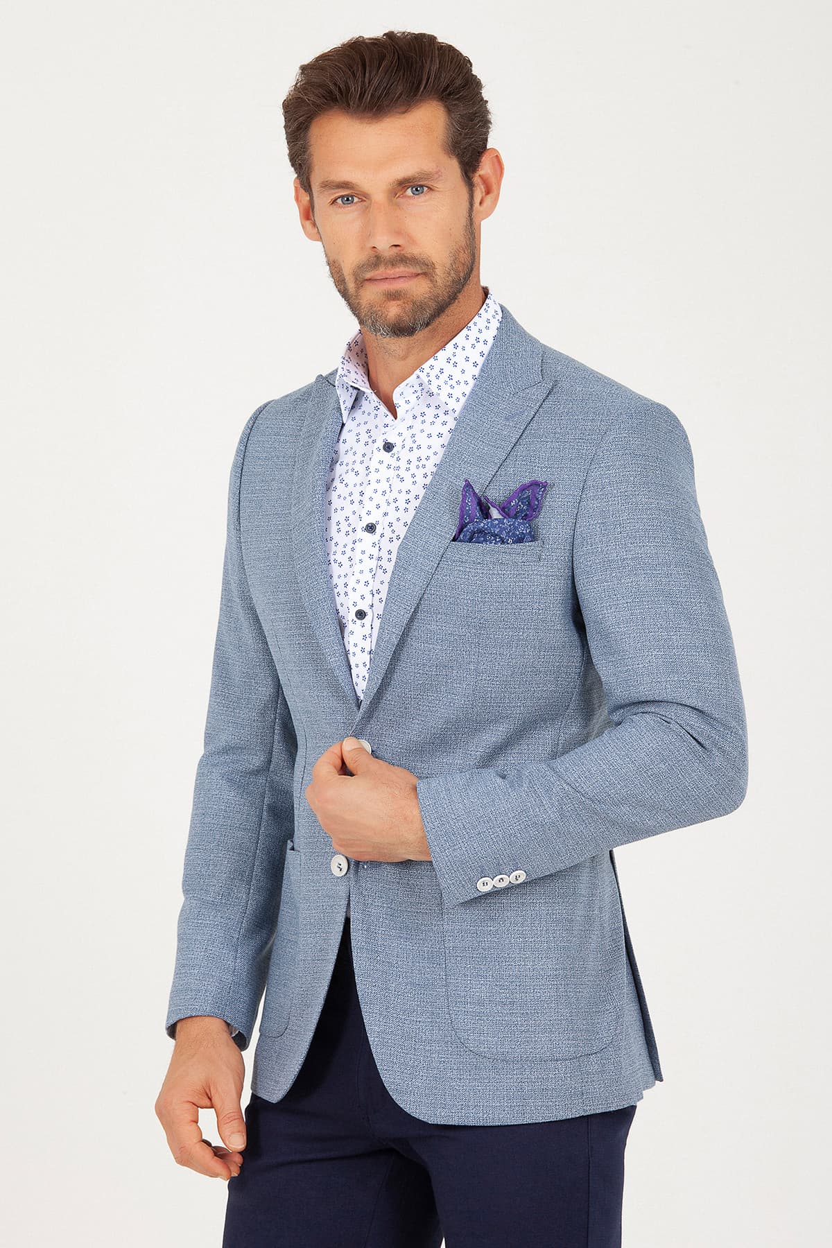 Slim Fit Peak Lapel Patterned Burgundy Casual Blazer Blue