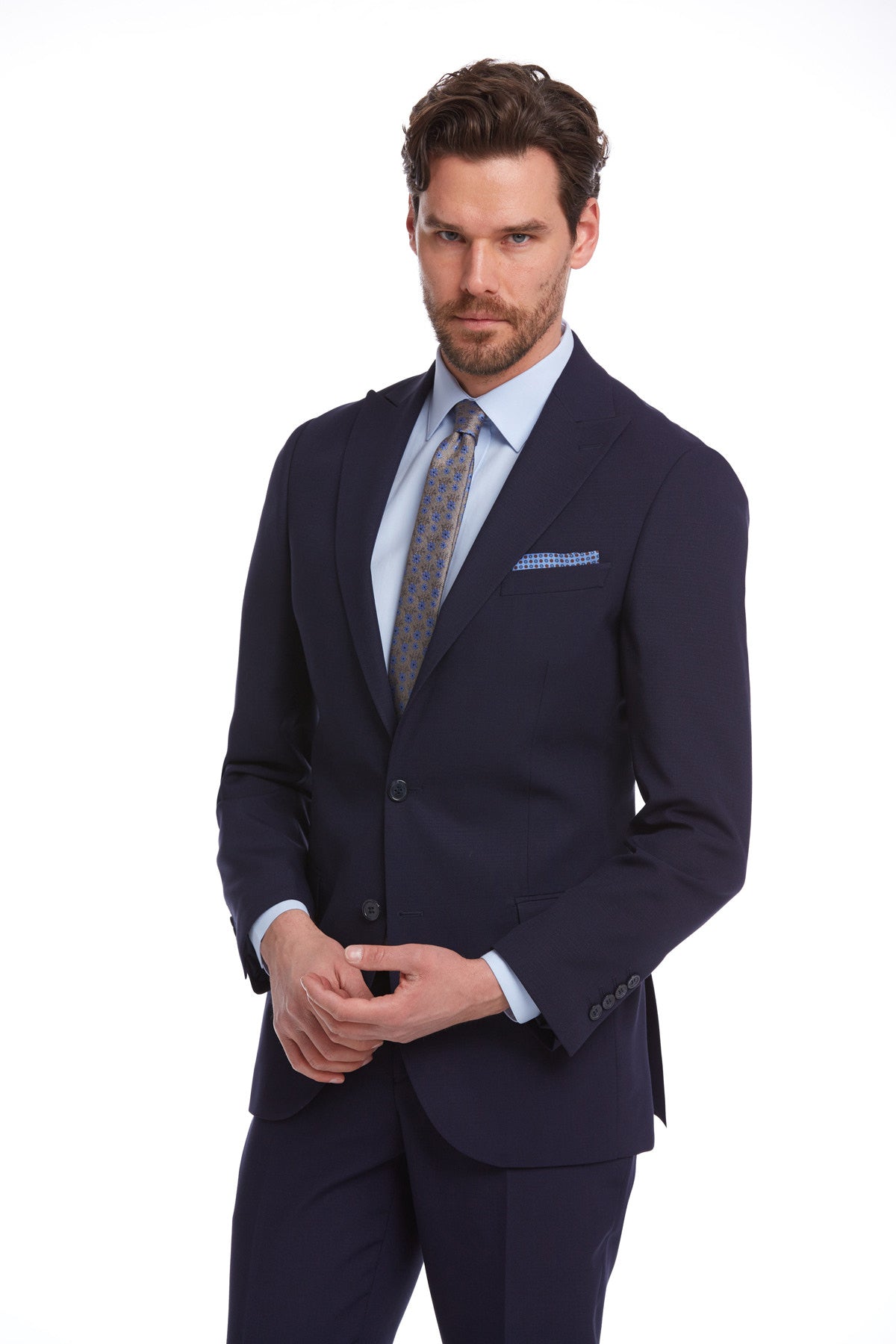 Slim Fit Peak Lapel Patterned Classic Suit Navy D. - MIB