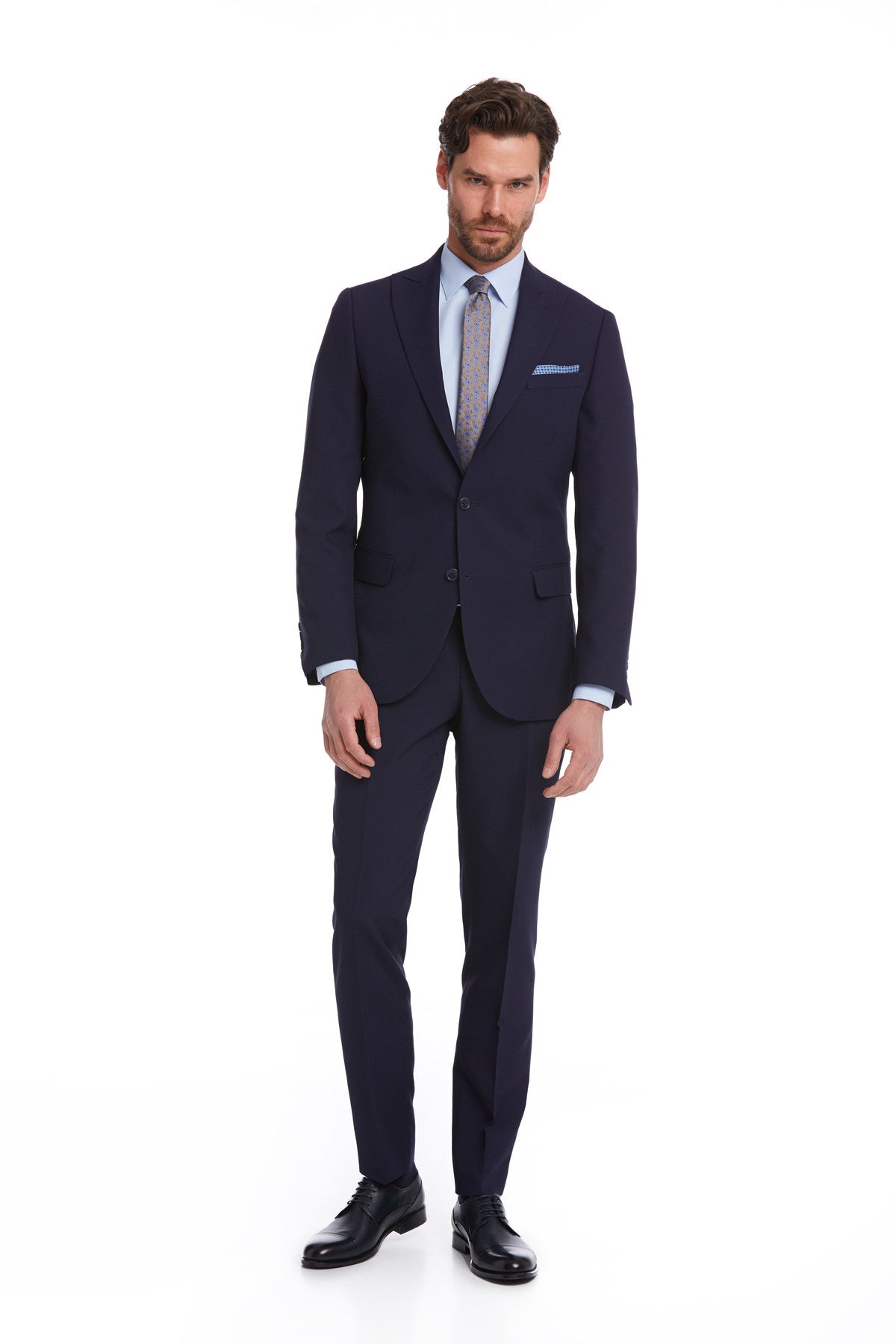 Slim Fit Peak Lapel Patterned Classic Suit Navy D. - MIB