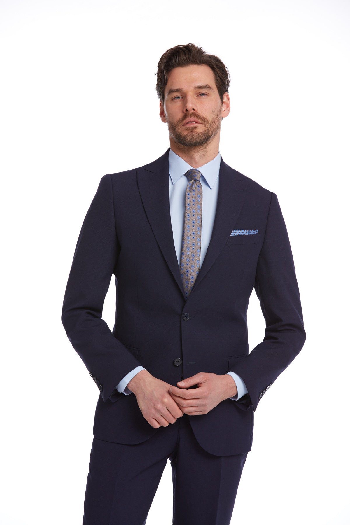 Slim Fit Peak Lapel Patterned Classic Suit Navy D. - MIB