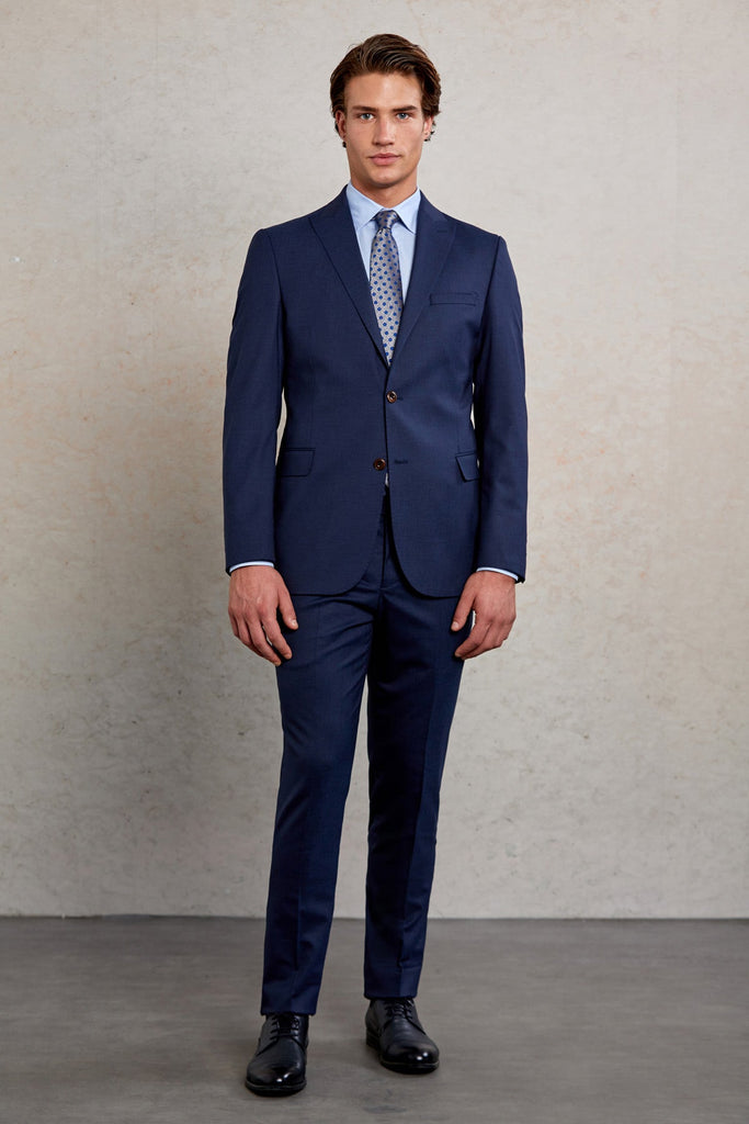 Slim Fit Peak Lapel Patterned Wool Blend Classic Suit Navy
