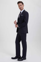 Slim Fit Peak Lapel Patterned Wool Blend Classic Suit Navy