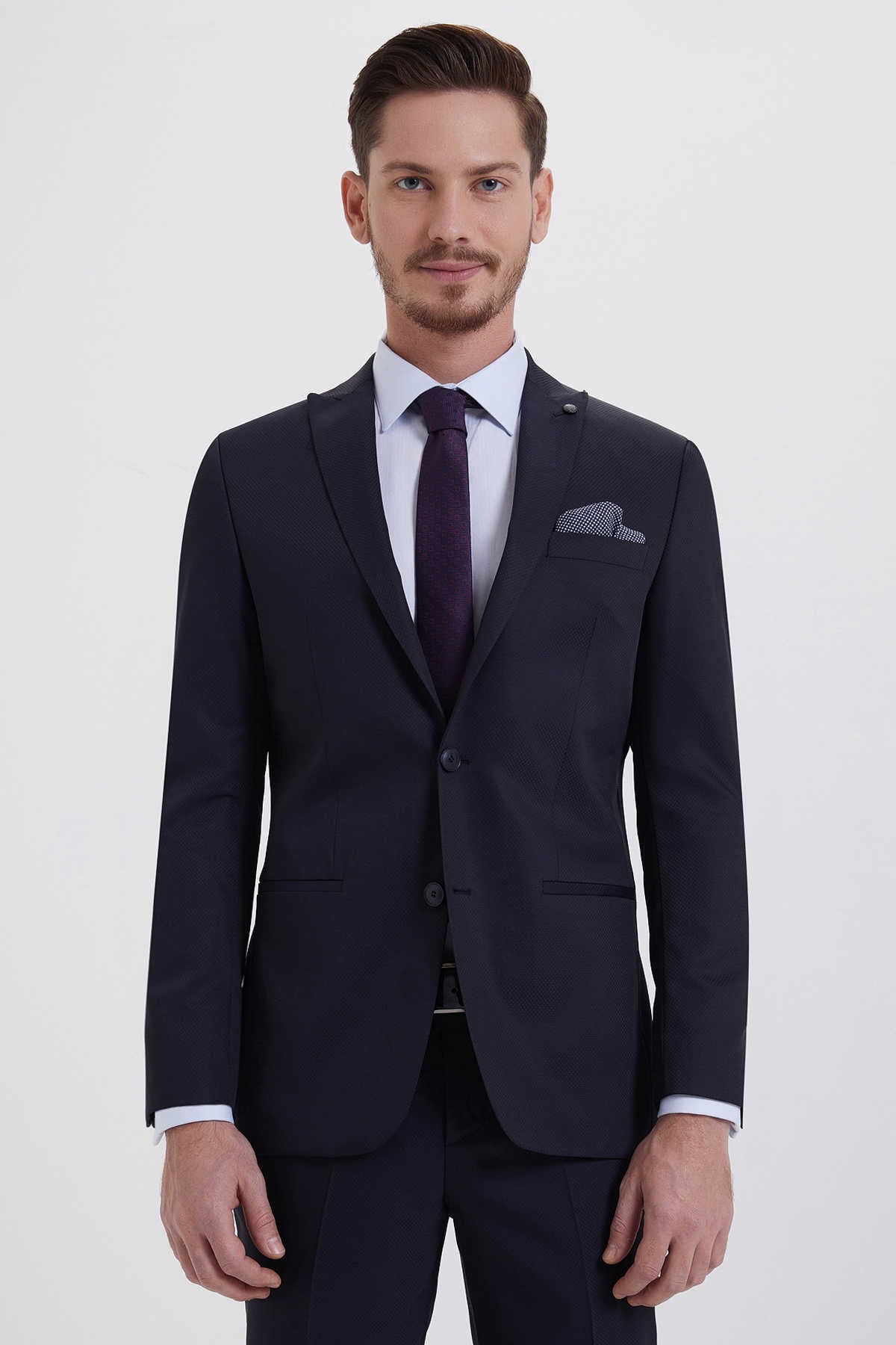 Slim Fit Peak Lapel Patterned Wool Blend Classic Suit Navy