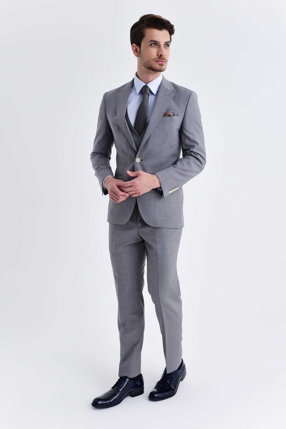 Slim Fit Peak Lapel Patterned Wool Blend Classic Suit