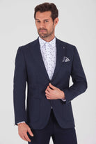 Slim Fit Peak Lapel Patterned Wool Blend Navy Casual Blazer