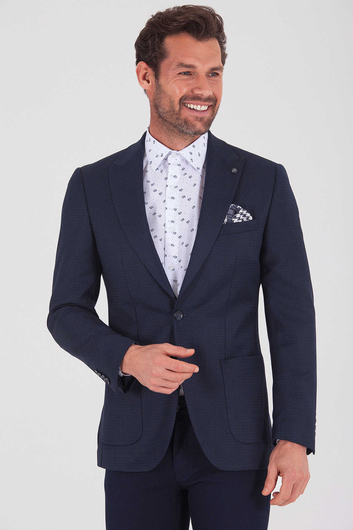 Slim Fit Peak Lapel Patterned Wool Blend Navy Casual Blazer