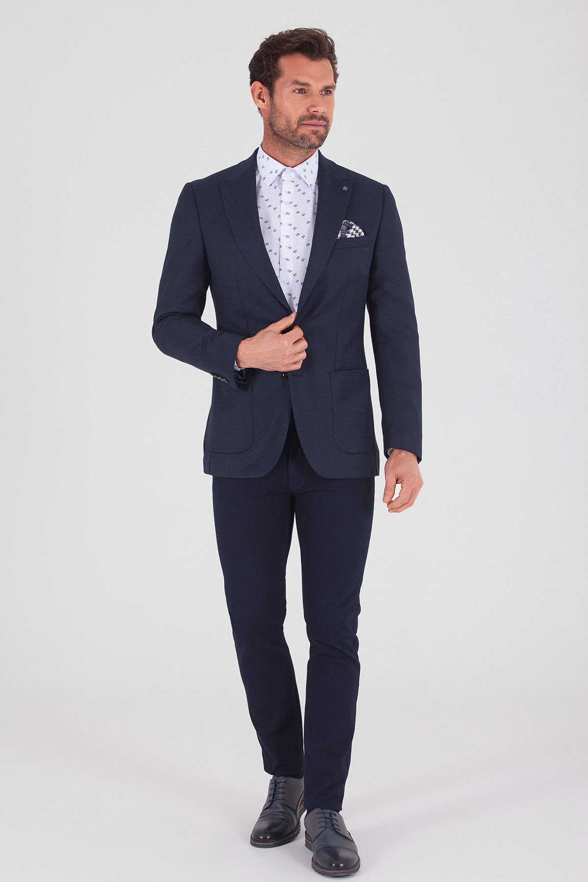 Slim Fit Peak Lapel Patterned Wool Blend Navy Casual Blazer