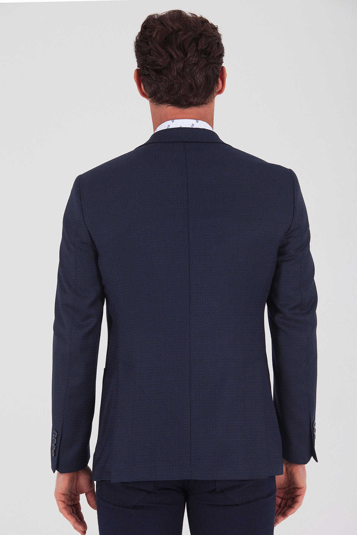 Slim Fit Peak Lapel Patterned Wool Blend Navy Casual Blazer