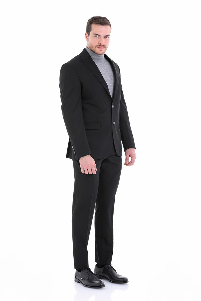 Slim Fit Peak Lapel Plain Classic Suit Black C - MIB