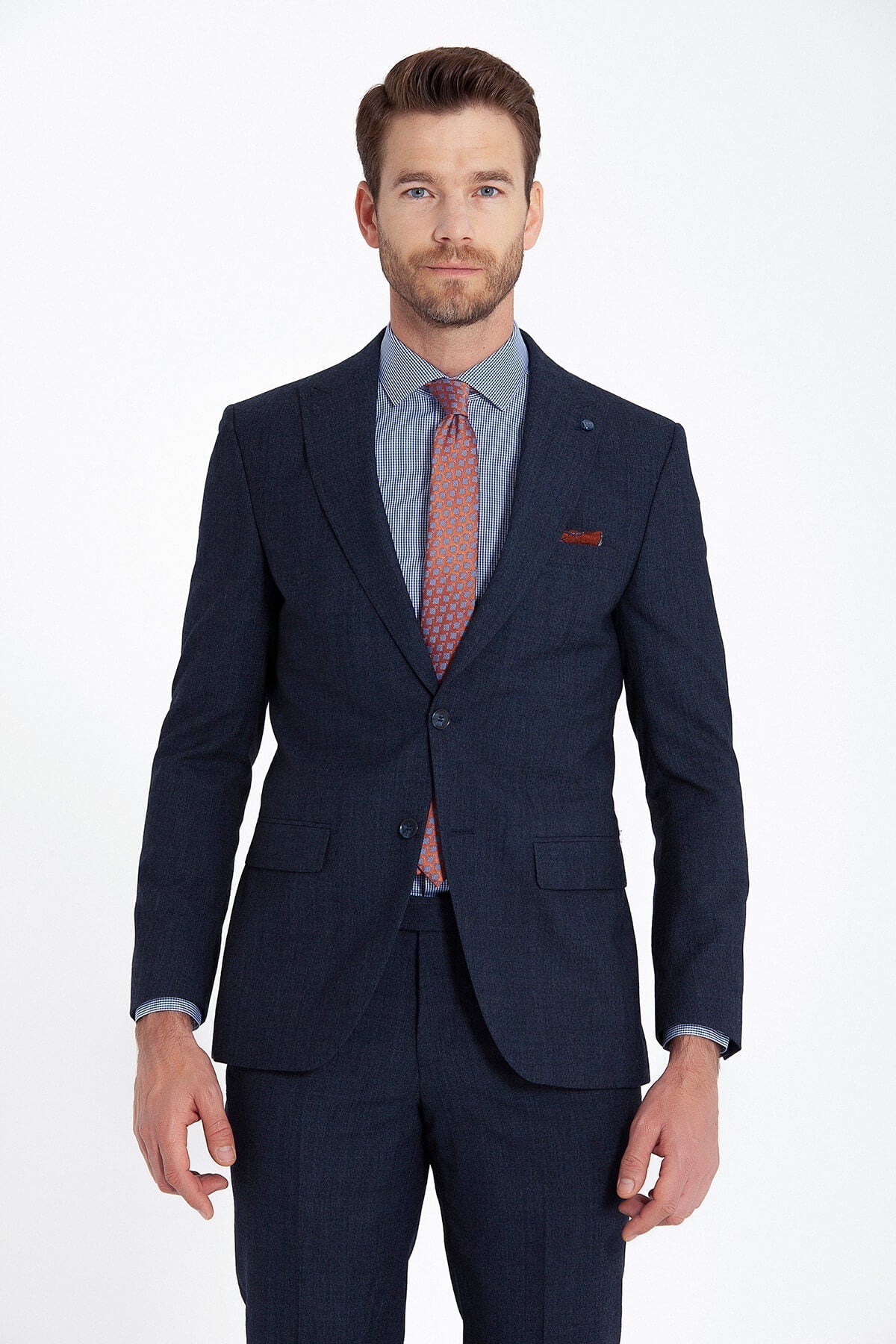 Slim Fit Peak Lapel Wool Blend Navy Classic Suit - MIB