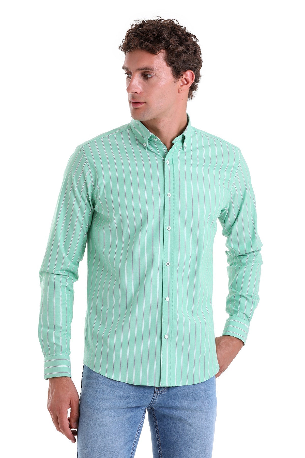 Slim Fit Pin Stripe Cotton Blend Green Casual Shirt - MIB