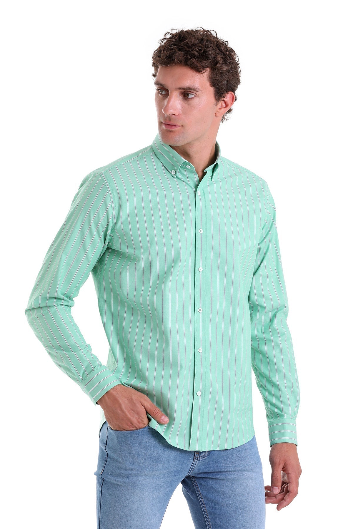 Slim Fit Pin Stripe Cotton Blend Green Casual Shirt - MIB