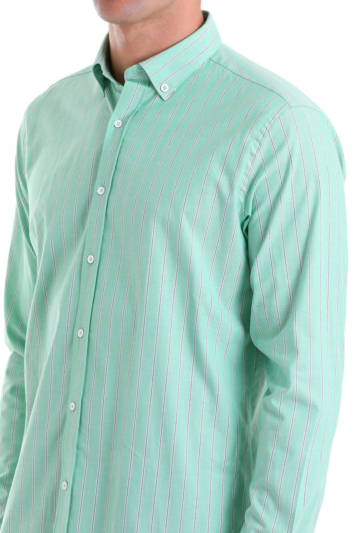 Slim Fit Pin Stripe Cotton Blend Green Casual Shirt - MIB