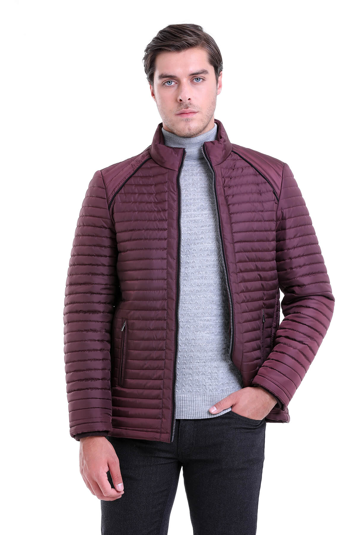 Slim Fit Pique Stand Collar Beige Coat Burgundy - SAYKI