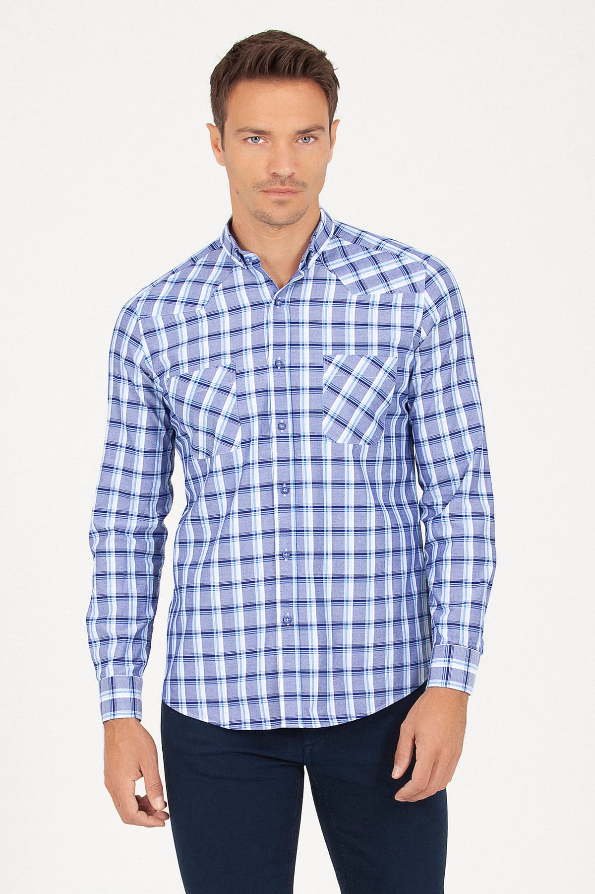 Slim Fit Plaid 100% Cotton Navy Casual Shirt - MIB