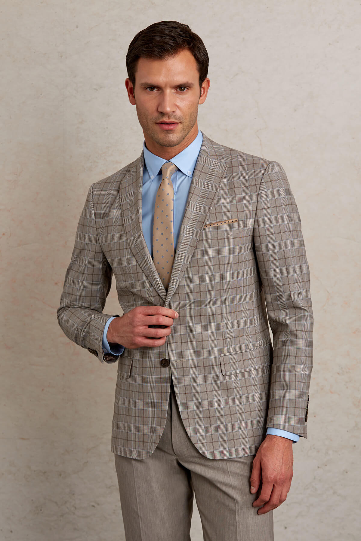 Slim Fit Plaid Wool Blend Beige Casual Suit - MIB