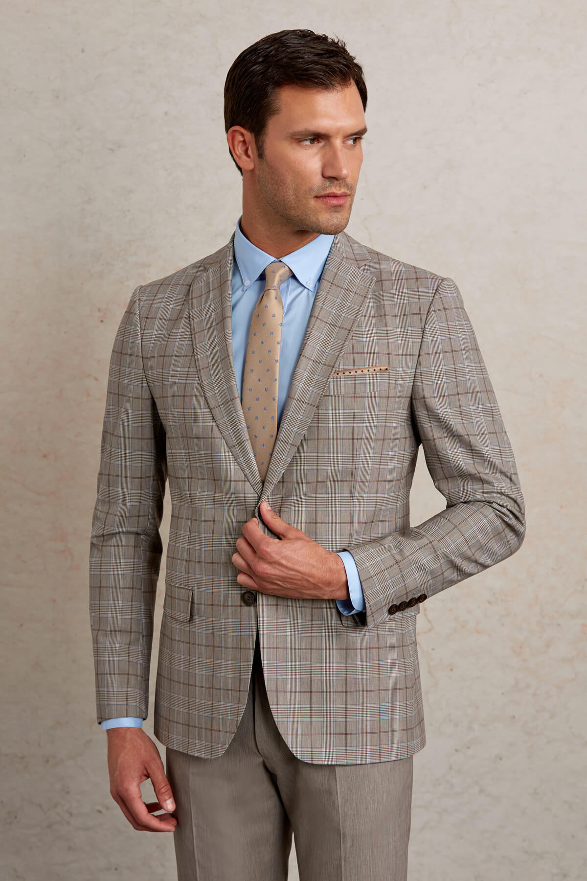 Slim Fit Plaid Wool Blend Beige Casual Suit - MIB