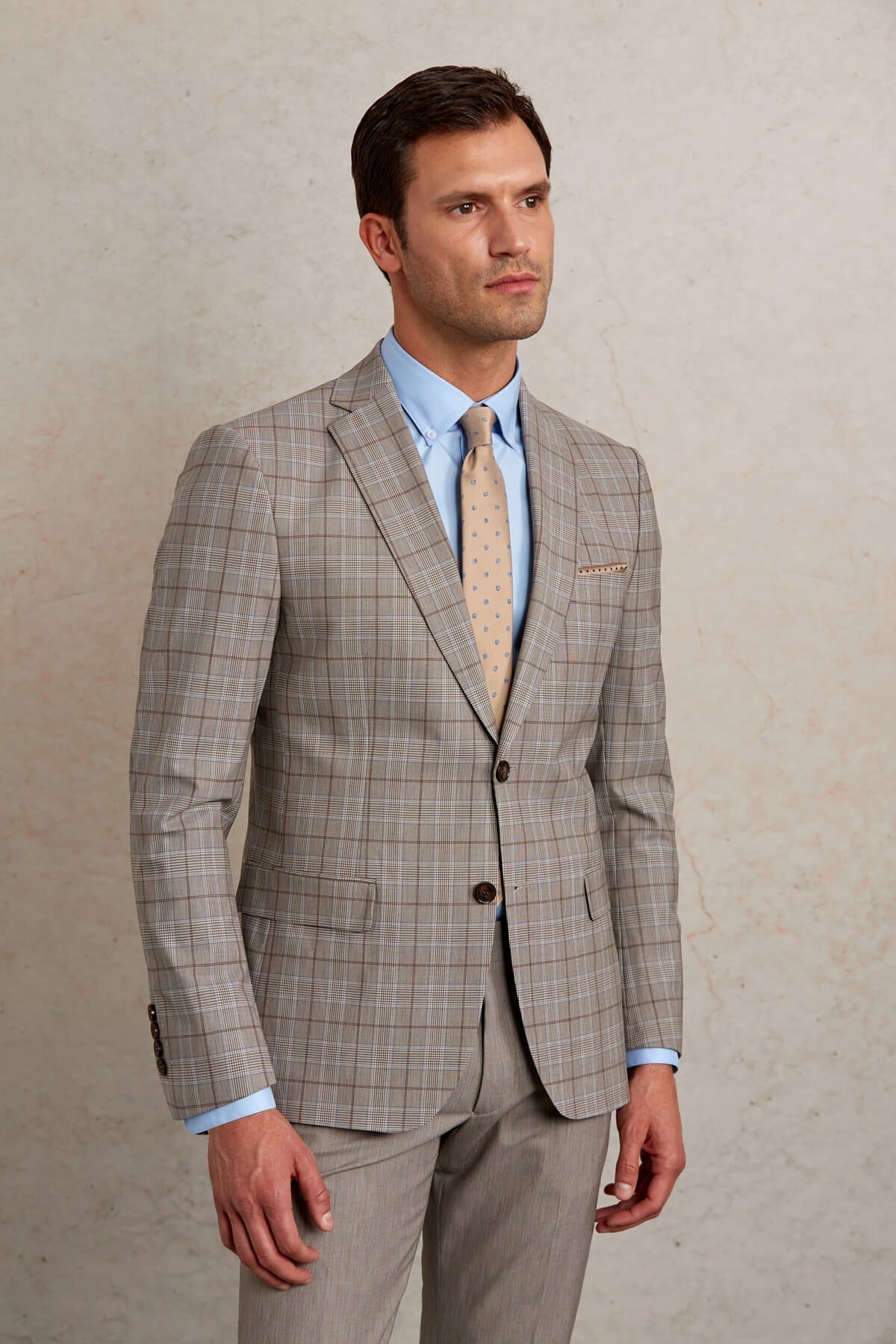 Slim Fit Plaid Wool Blend Beige Casual Suit - MIB