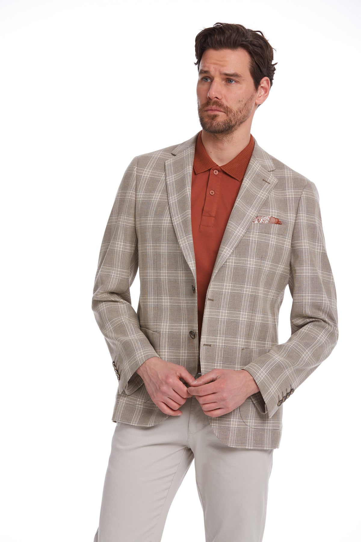 Slim Fit Plaid Wool & Linen Blend Light Brown Classic