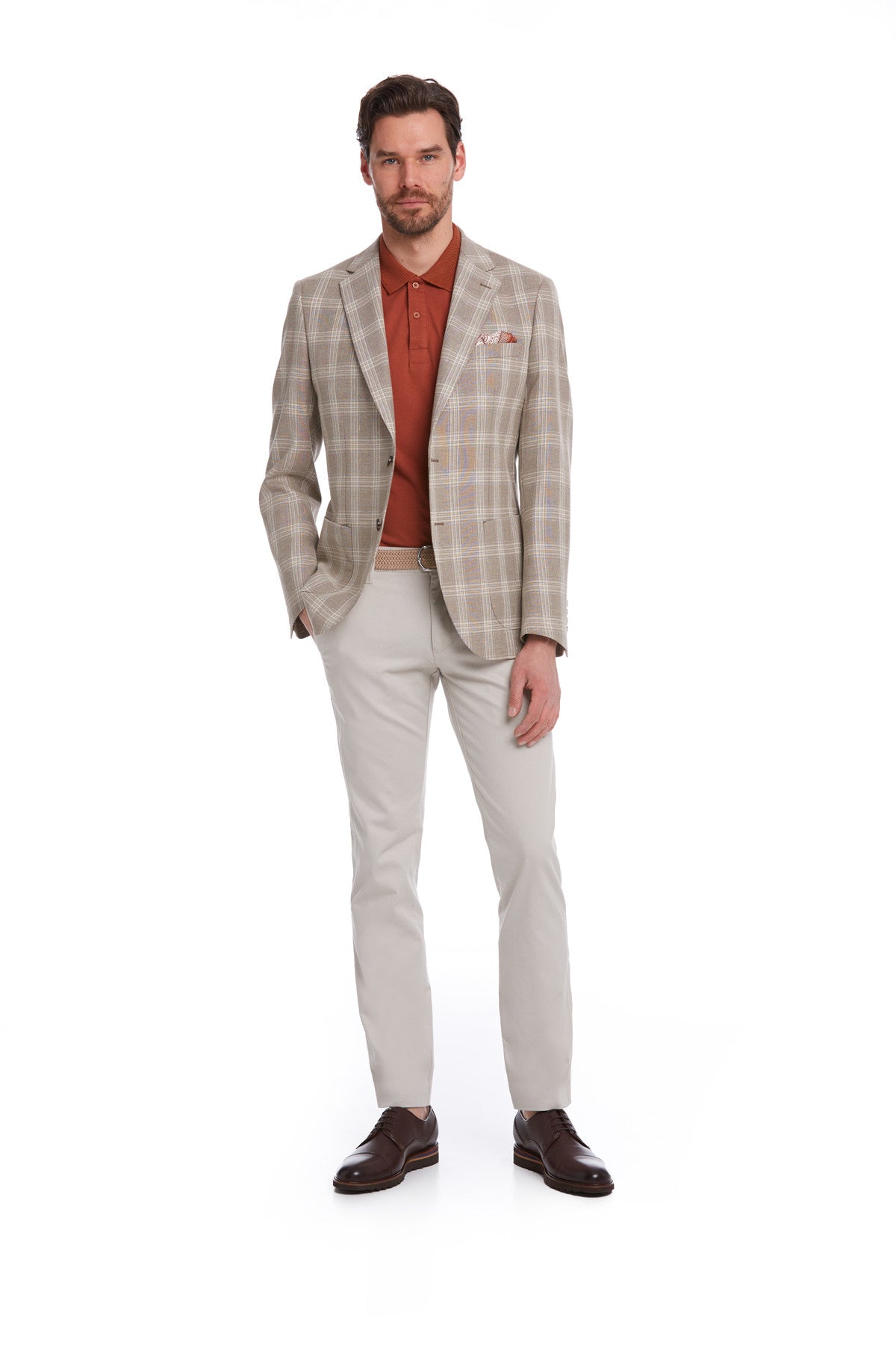 Slim Fit Plaid Wool & Linen Blend Light Brown Classic