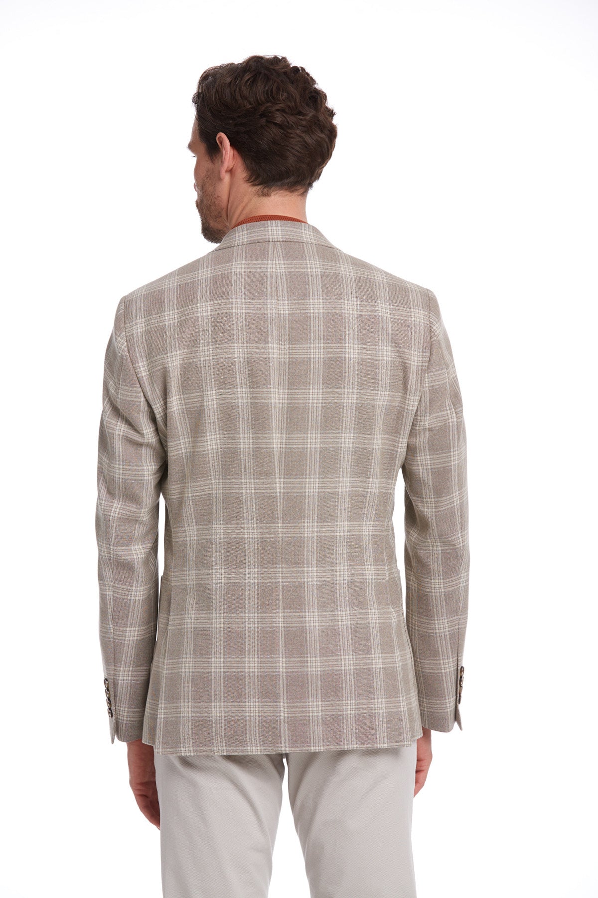 Slim Fit Plaid Wool & Linen Blend Light Brown Classic