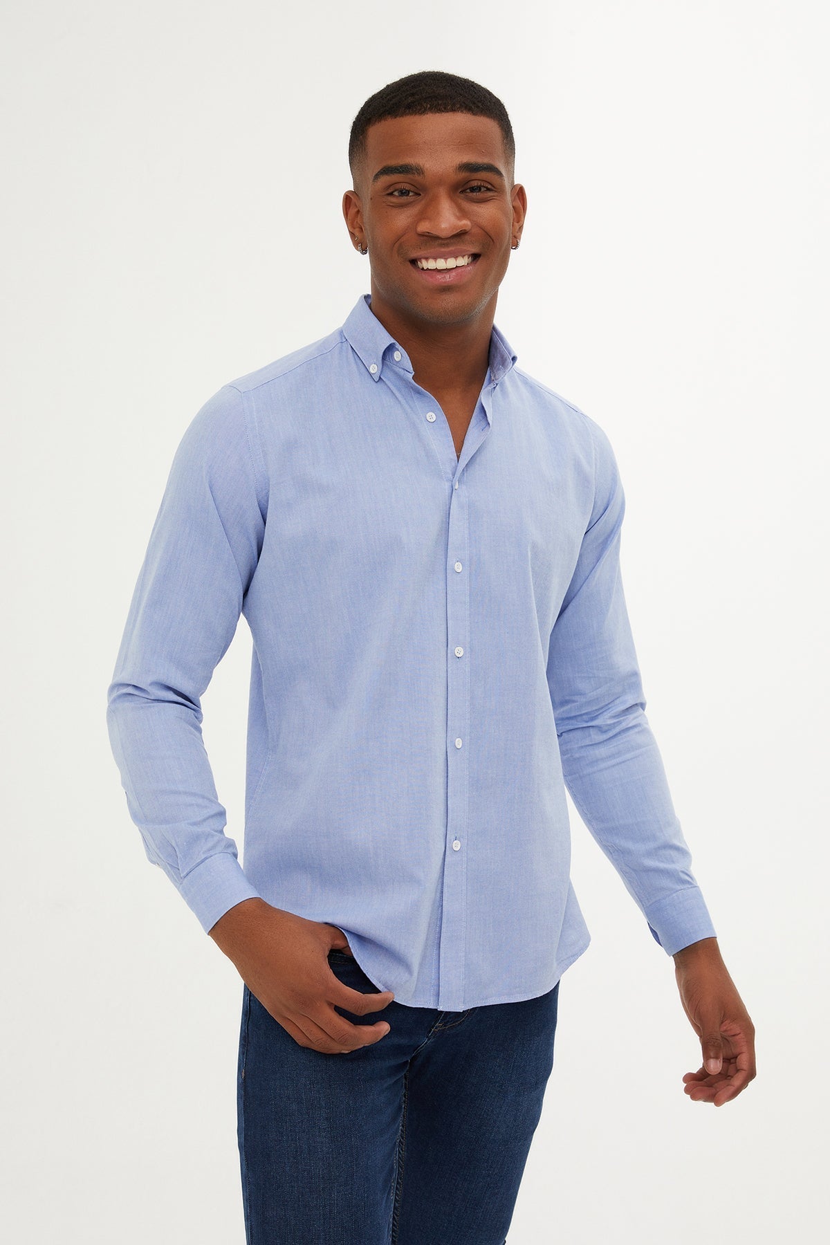 Slim Fit Plain 100% Cotton Blue Casual Shirt - MIB