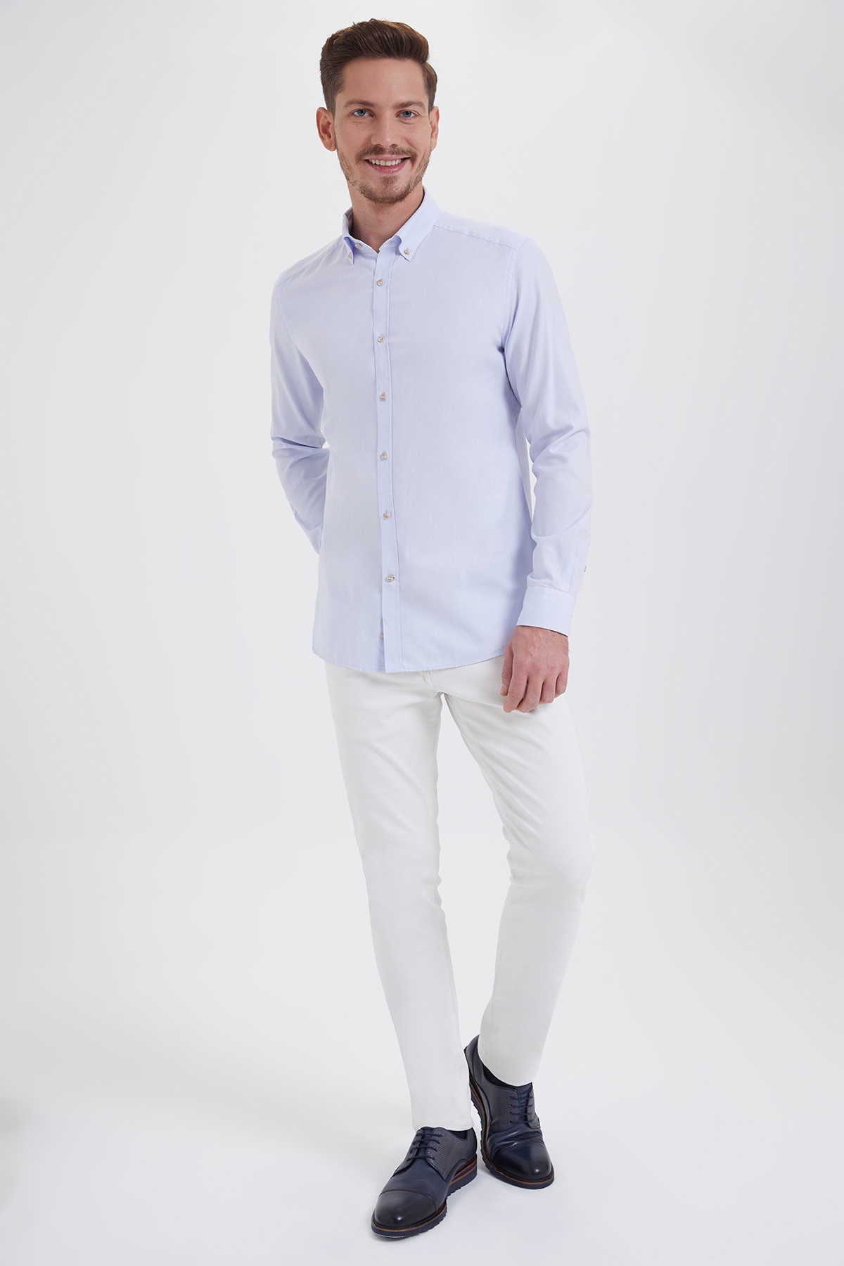 Slim Fit Plain Button-Down Cotton Light Blue Casual Shirt