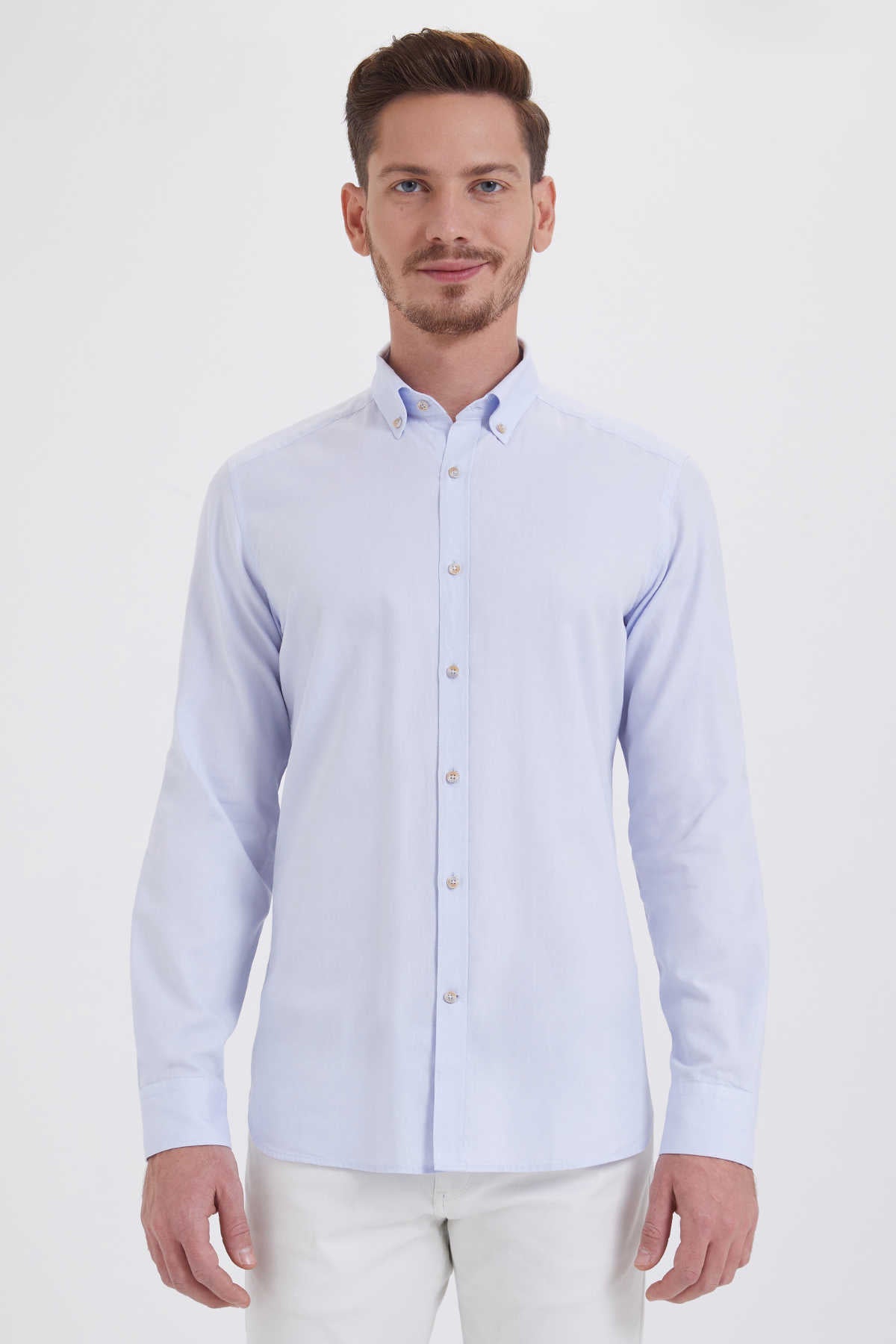 Slim Fit Plain Button-Down Cotton Light Blue Casual Shirt