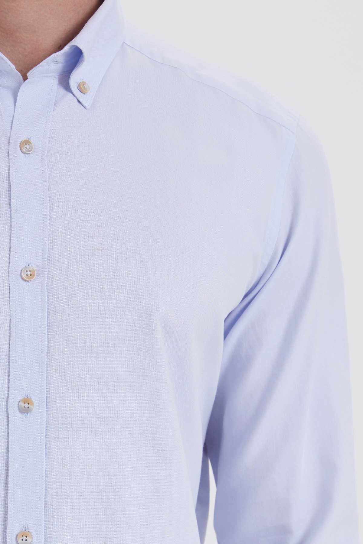 Slim Fit Plain Button-Down Cotton Light Blue Casual Shirt