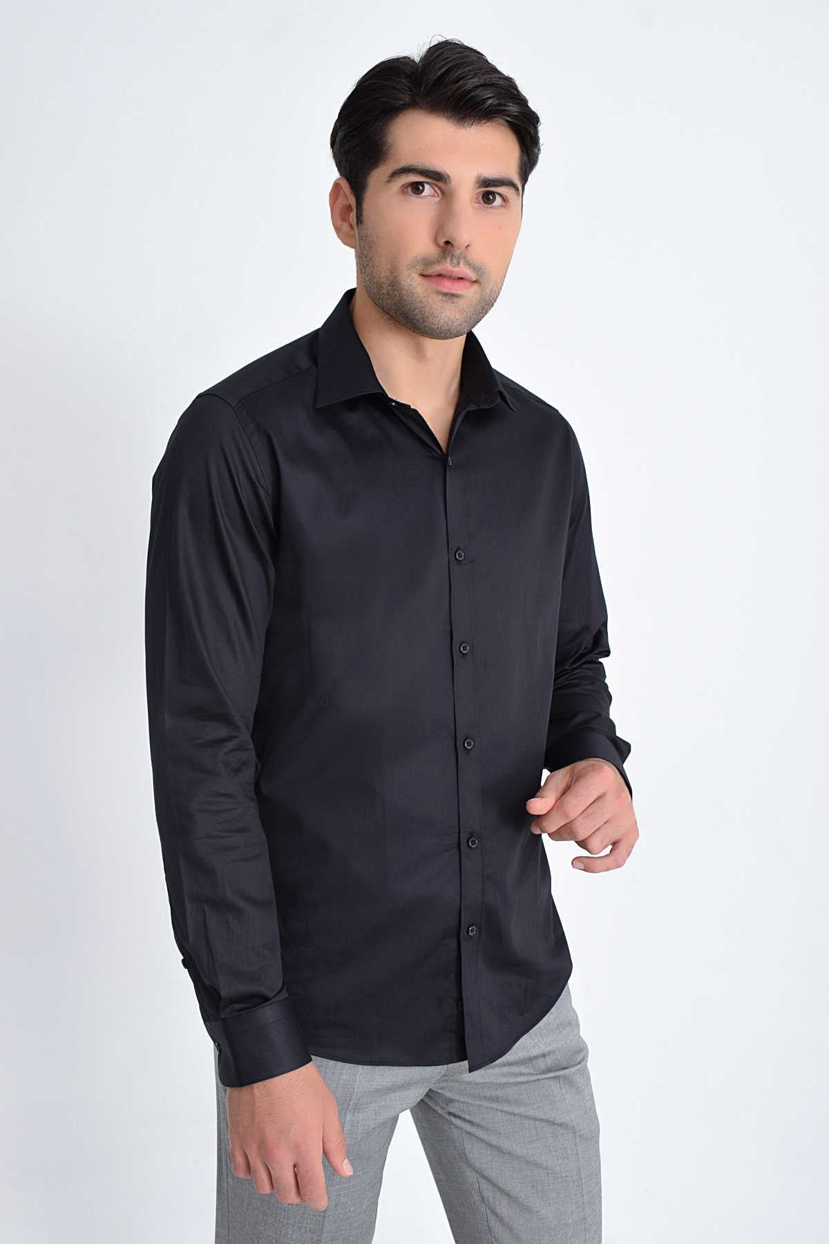 Slim Fit Plain Cotton Blend Dress Shirt Black - MIB