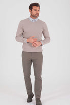 Slim Fit Plain Cotton Blend Khaki V-Neck Sweater Beige