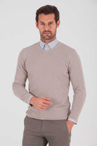 Slim Fit Plain Cotton Blend Khaki V-Neck Sweater Beige