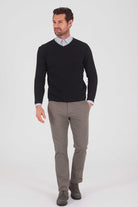 Slim Fit Plain Cotton Blend Khaki V-Neck Sweater Black