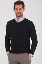 Slim Fit Plain Cotton Blend Khaki V-Neck Sweater Black