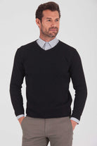 Slim Fit Plain Cotton Blend Khaki V-Neck Sweater Black