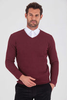 Slim Fit Plain Cotton Blend Khaki V-Neck Sweater Burgundy