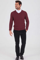 Slim Fit Plain Cotton Blend Khaki V-Neck Sweater Burgundy