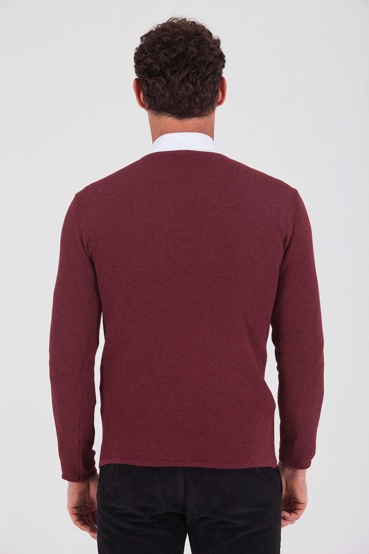 Slim Fit Plain Cotton Blend Khaki V-Neck Sweater Burgundy