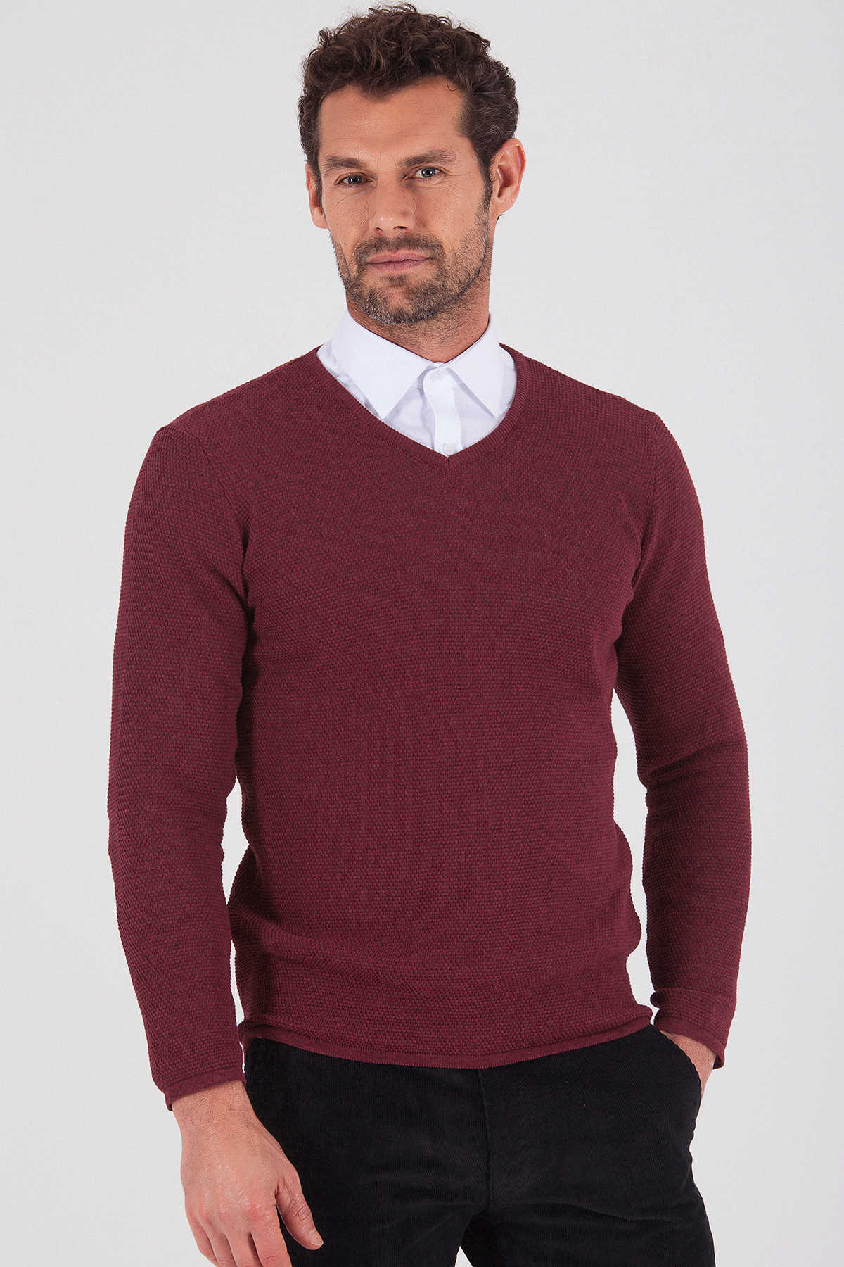 Slim Fit Plain Cotton Blend Khaki V-Neck Sweater Burgundy