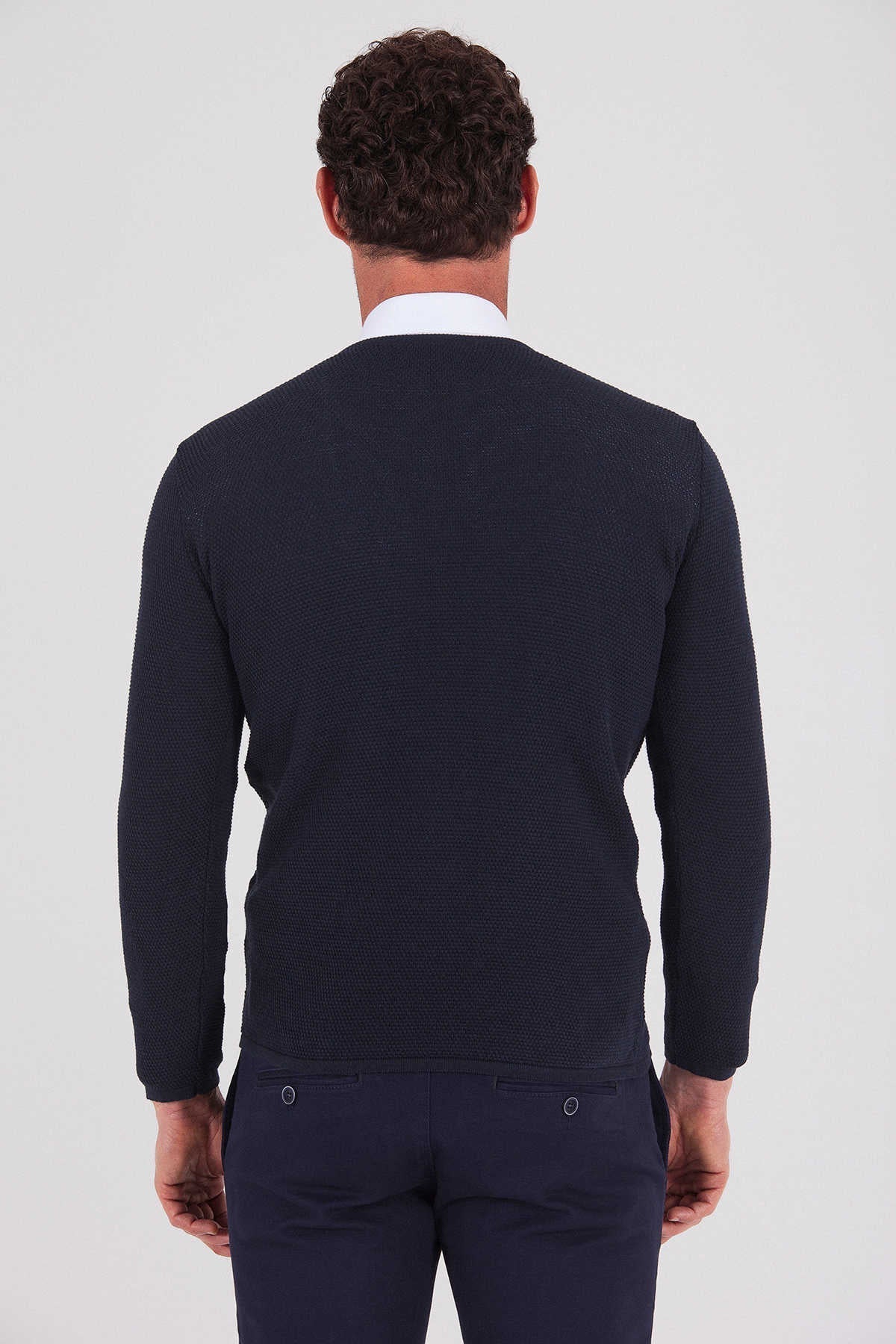 Slim Fit Plain Cotton Blend Khaki V-Neck Sweater Navy