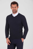 Slim Fit Plain Cotton Blend Khaki V-Neck Sweater Navy