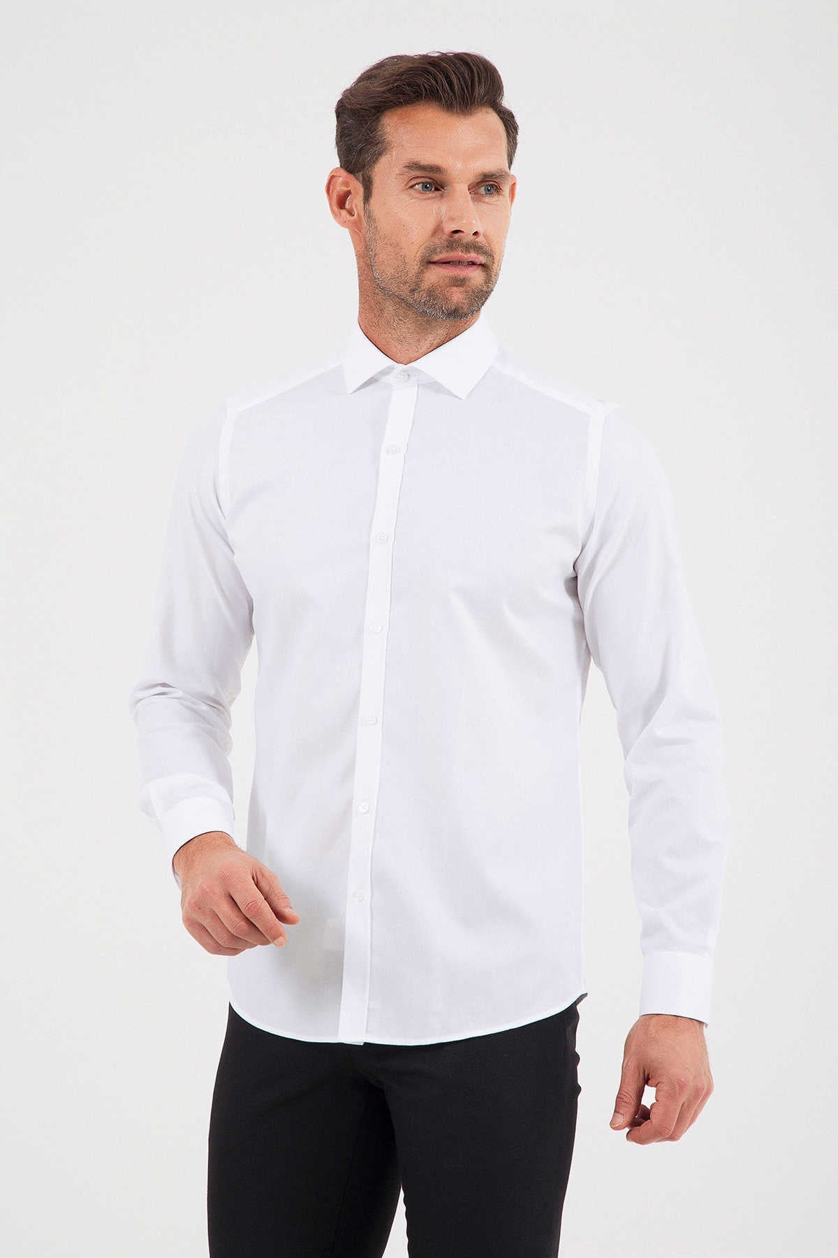 Slim Fit Plain Cotton Blend White Dress Shirt - MIB