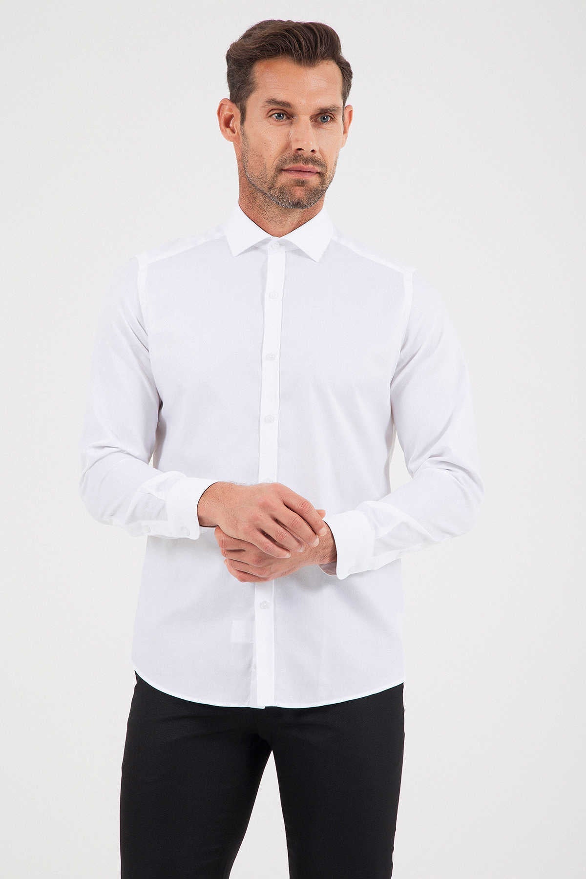 Slim Fit Plain Cotton Blend White Dress Shirt - MIB