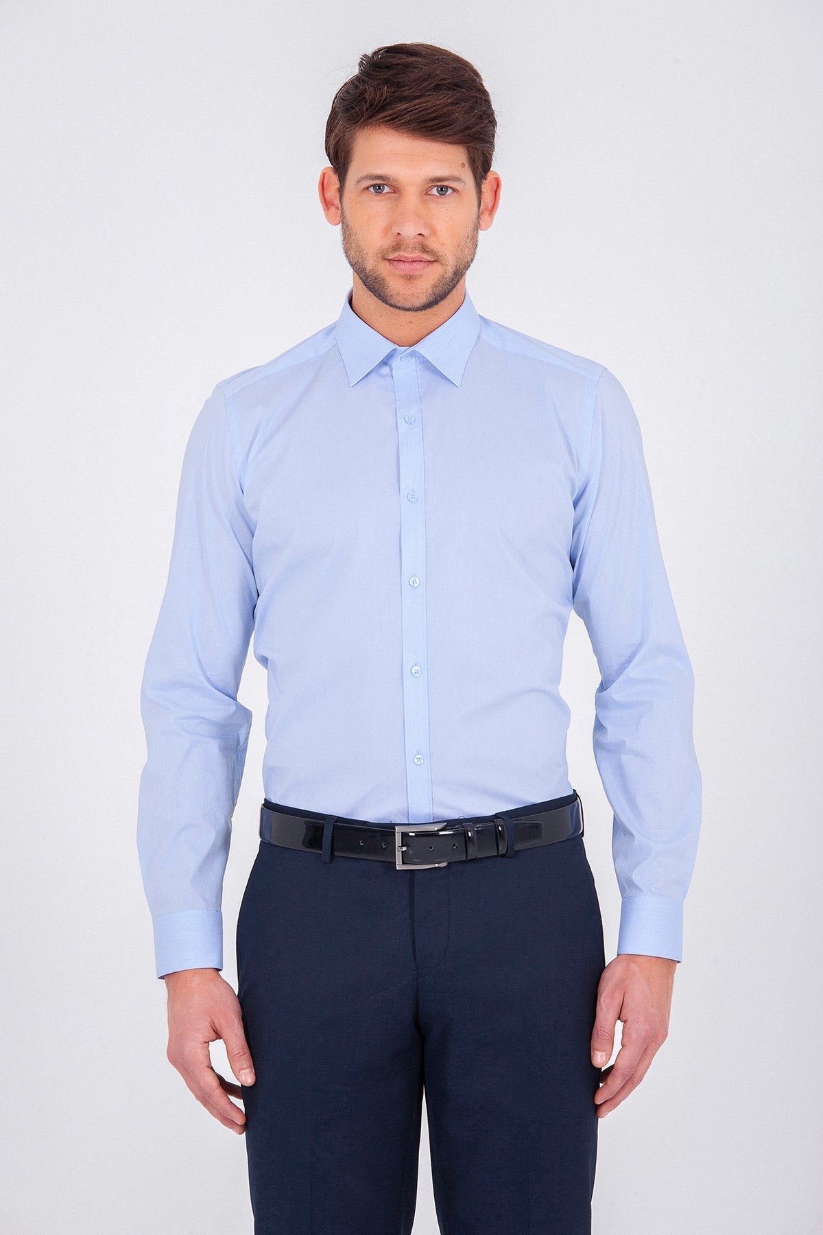 Slim Fit Plain Cotton Light Blue Casual Shirt - MIB