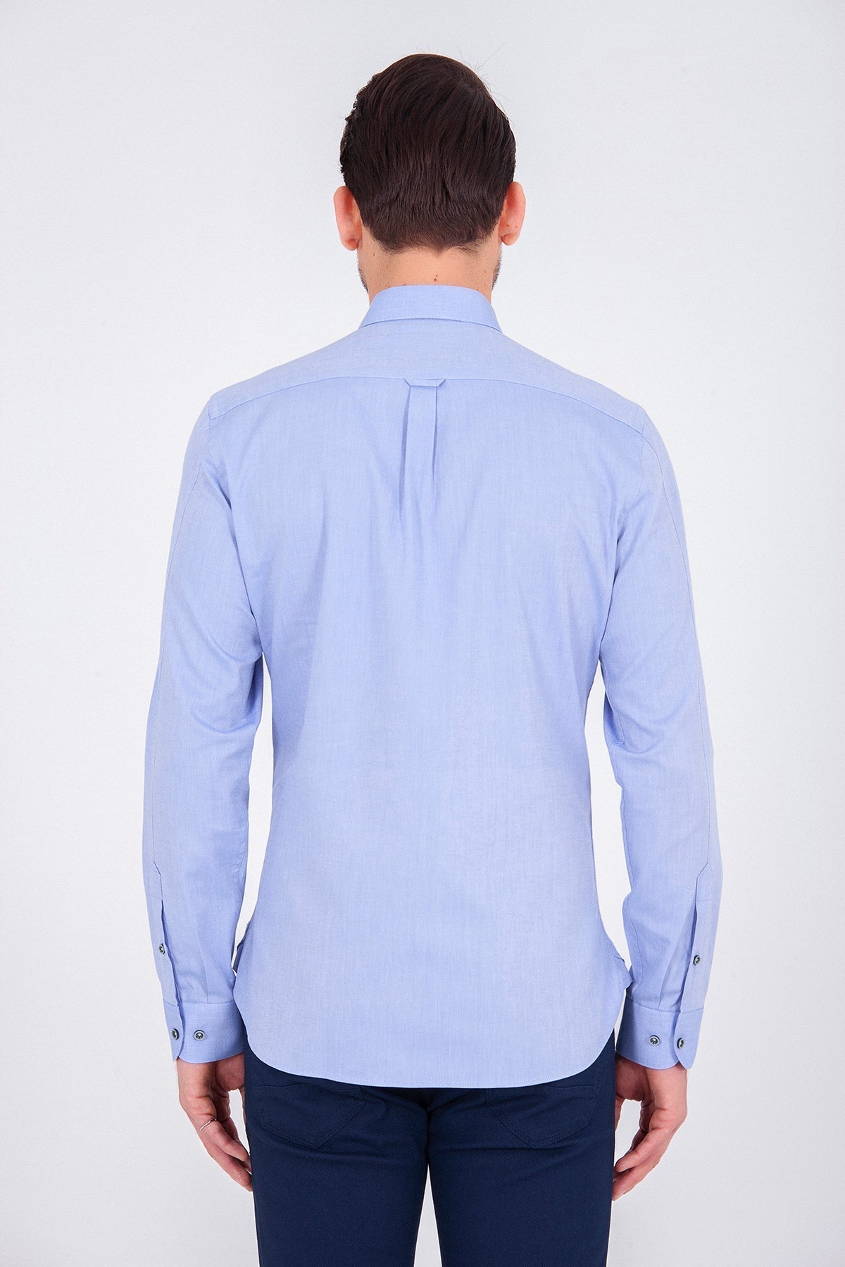 Slim Fit Plain Long Sleeve Cotton Blue Casual Shirt - MIB